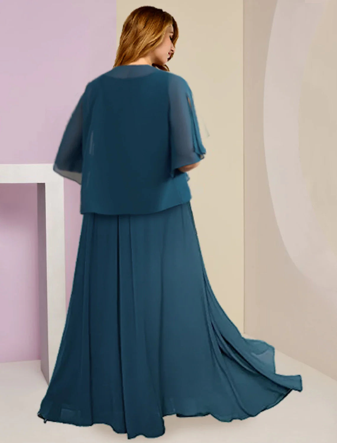 Wholesale Two Piece A-Line Mother of the Bride Dress Formal Wedding Guest Plus Size Hide Belly Elegant V Neck Floor Length Chiffon Lace Sleeveless with Ruched Appliques